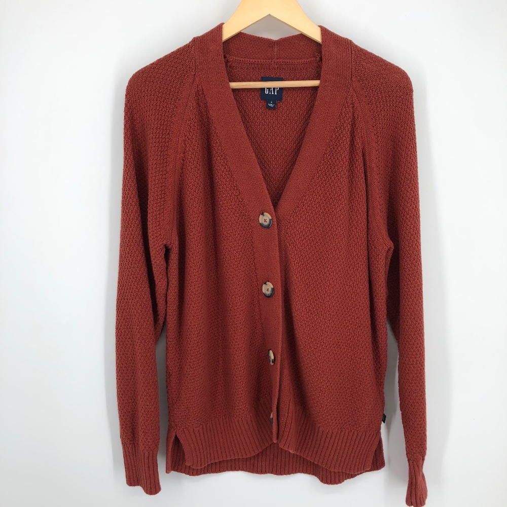Gap Womens Cardigan Size Large Orange‎ Rust Chunky Knit Sweater V Neck Autumn